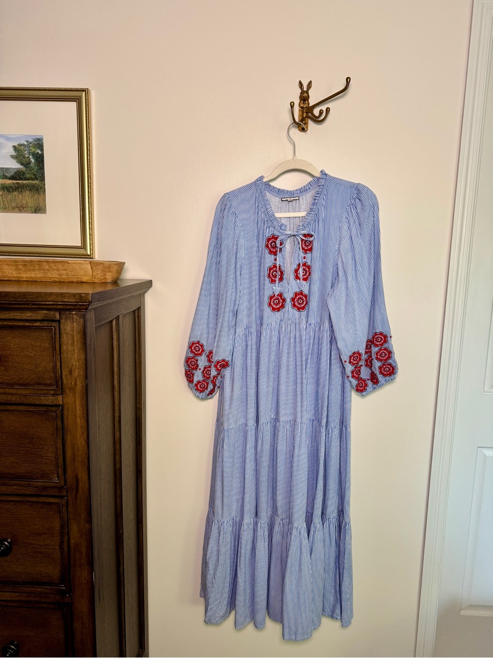 Tuckernuck Blue Stripe Embroidered Tiered Midi Dress Size Large